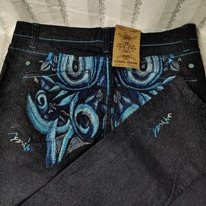Men's 13/14 Slim Fit Dark Wash Denim with Graphic Blue Embroidery